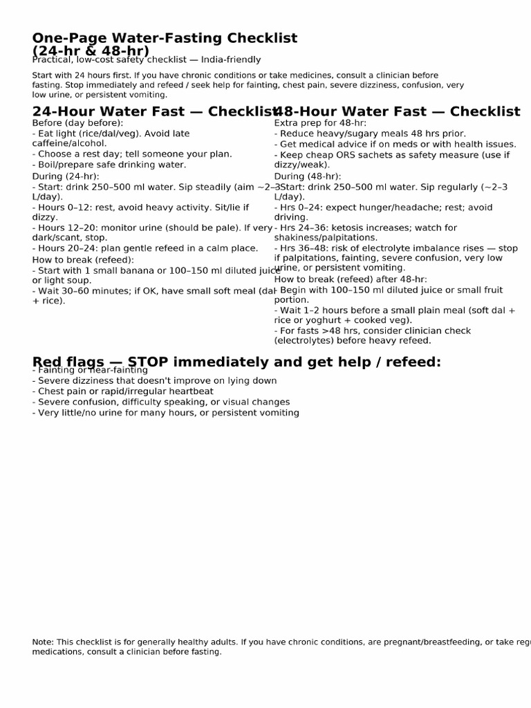 Water Fasting Checklist One Page | PDF
