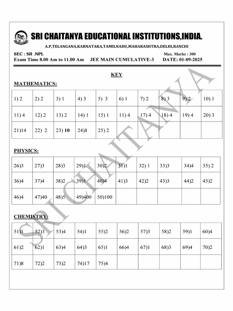 01-09-2025 SR NPL Jee Main Cumulative Paper-2 Key & Solutions | PDF