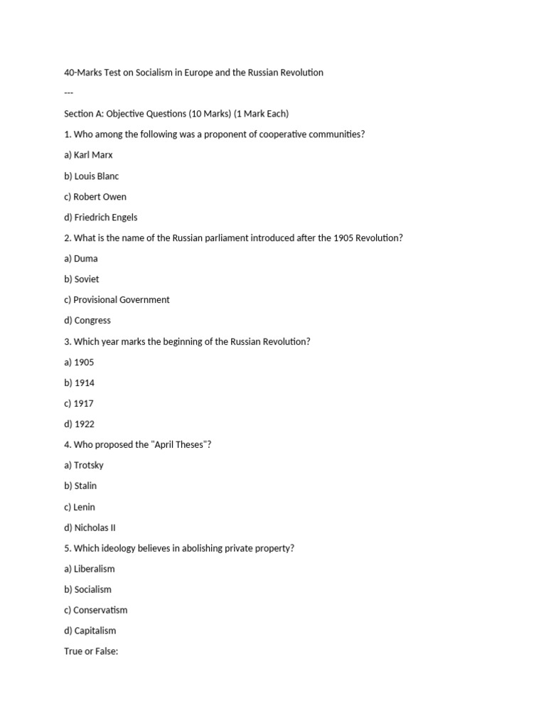 Socialism and Russian Revolution Test | PDF | Russian Revolution ...