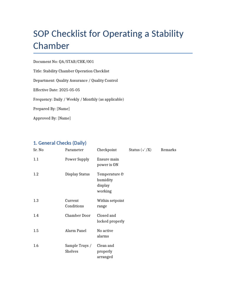 Stability Chamber SOP Checklist | PDF