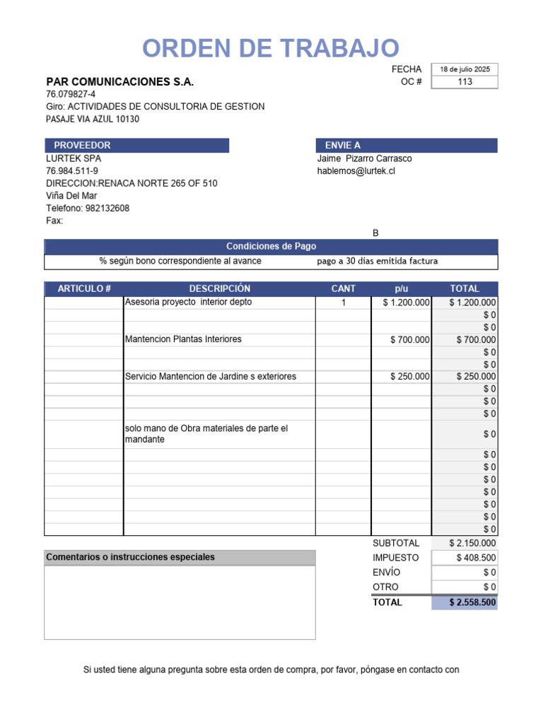 Orden de Compra Lurtek SPA - Servicios 2025 | PDF