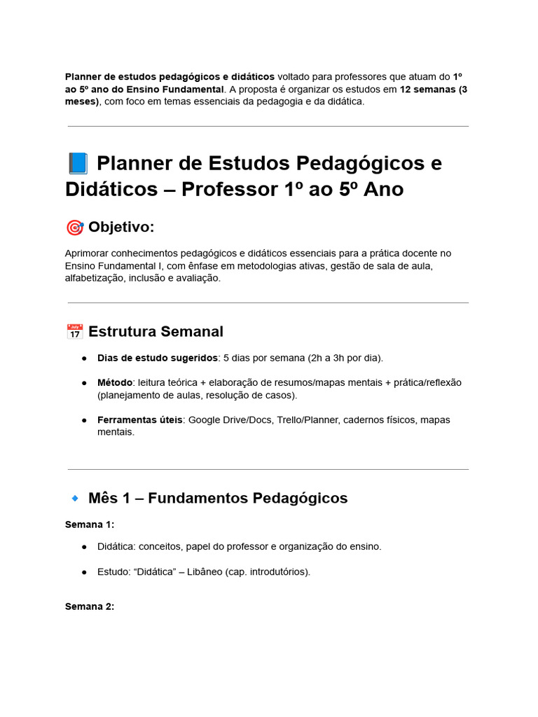Planner de Estudos para Professores do 1º ao 5º Ano | PDF | Pedagogia ...