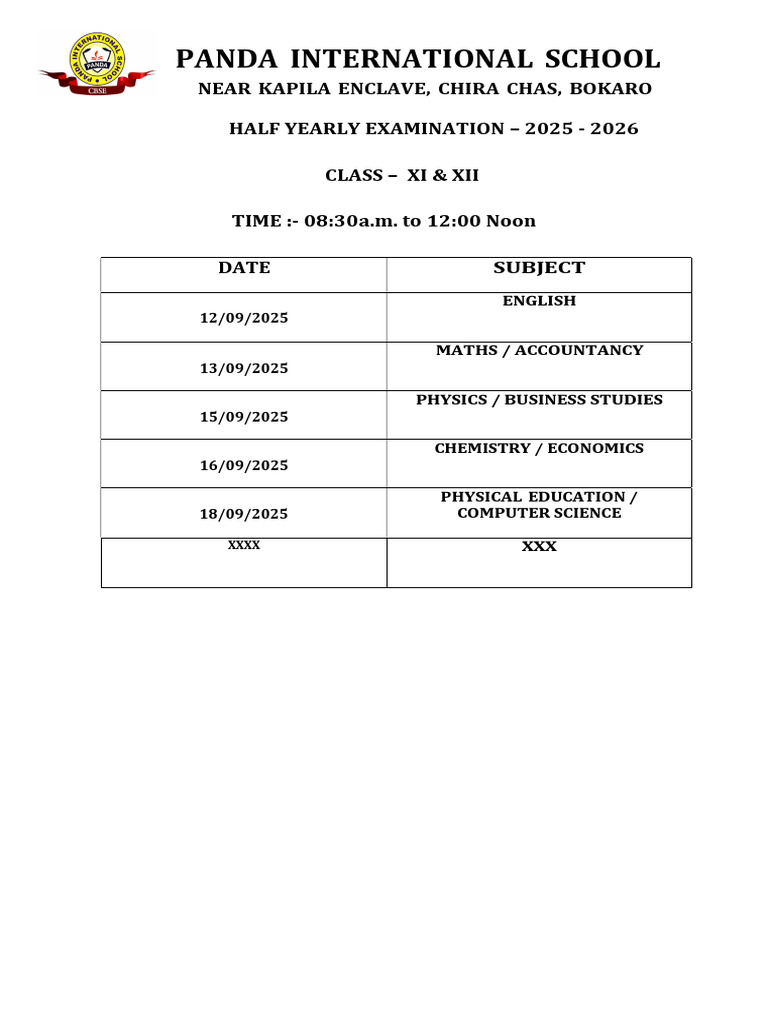 Half Yearly Exam Routine 2025 - 2026 | PDF