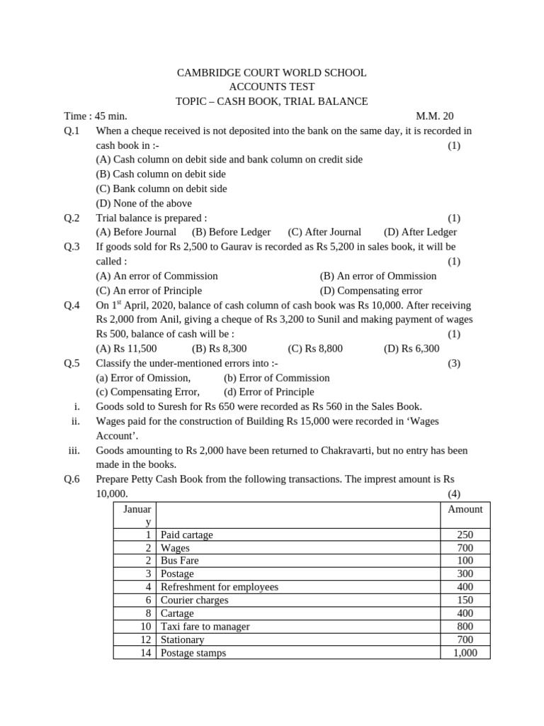 Cash Book and Trial Balance Test | PDF | Debits And Credits | Cheque