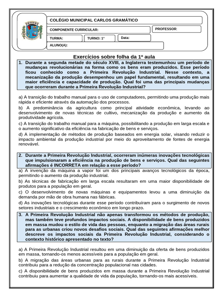 Exercícios sobre a Primeira Revolução Industrial | PDF | Revolução ...