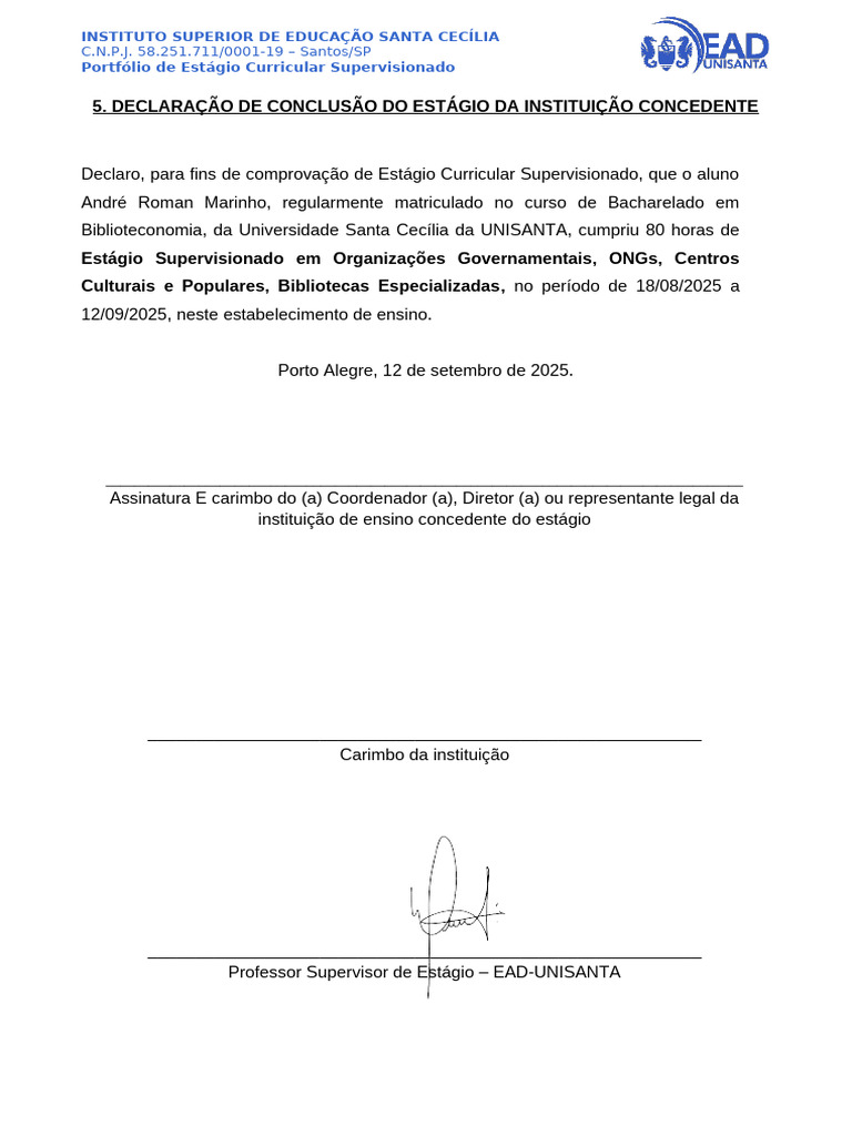 Declaração de Conclusão Do Estágio Da Instituição Concedente | PDF
