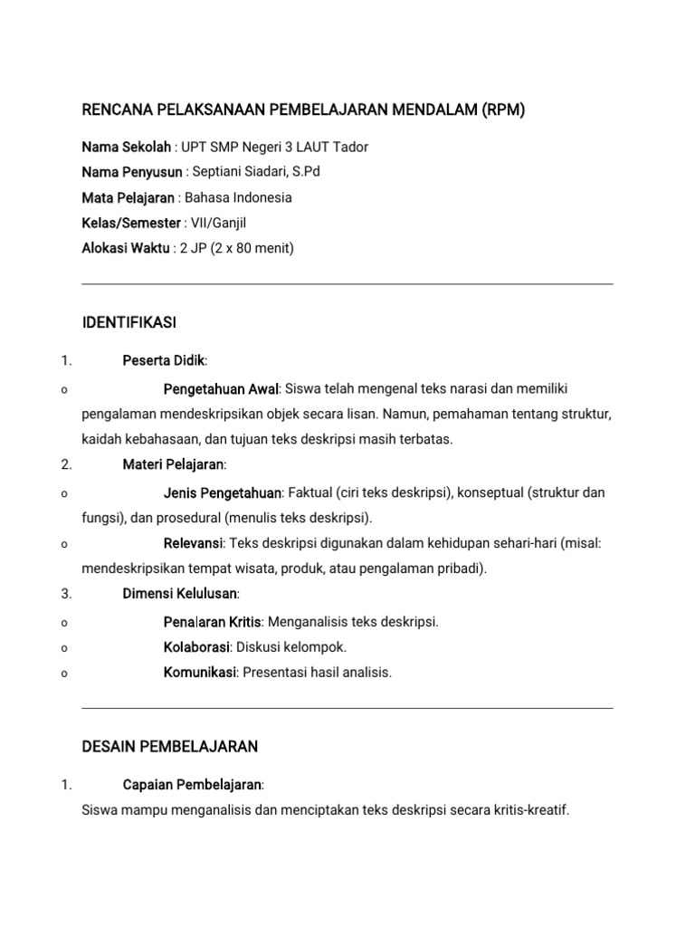 Rencana Pembelajaran Teks Deskripsi SMP | PDF