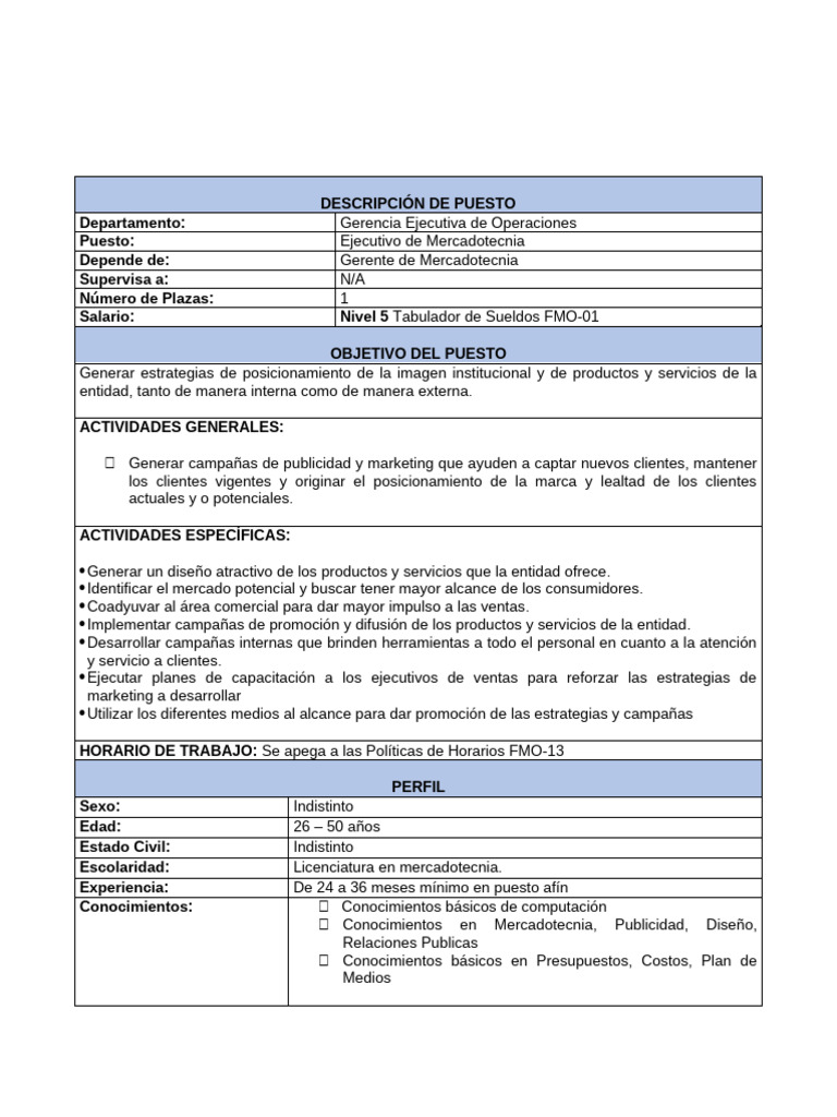 Descripción de Puesto Ejecutivo de Mercadotecnia | PDF | Marketing ...