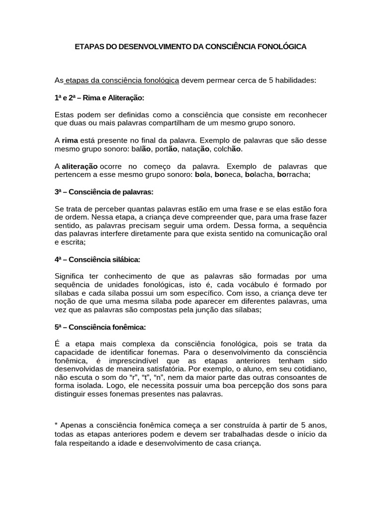 Etapas da Consciência Fonológica | PDF