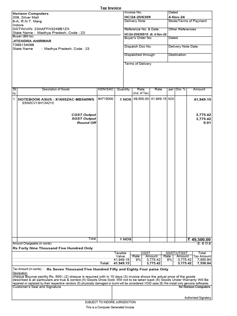 Horizon Computers Tax Invoice Details | PDF | Government Finances ...