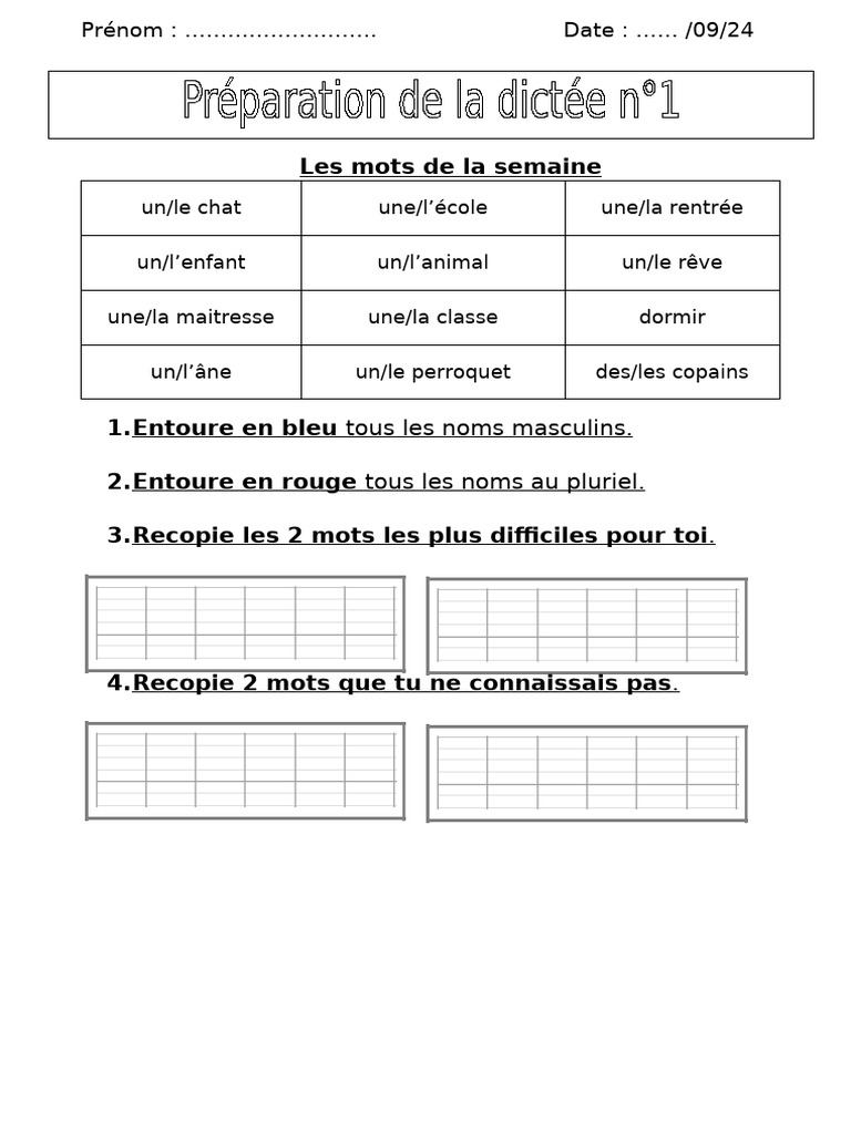 Dictée Rentrée Préparation 1 | PDF