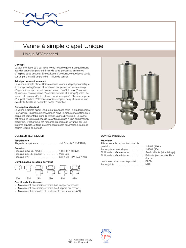 Alfa Laval Unique SSV Standard - Feuillets Produit | PDF | Soupape ...