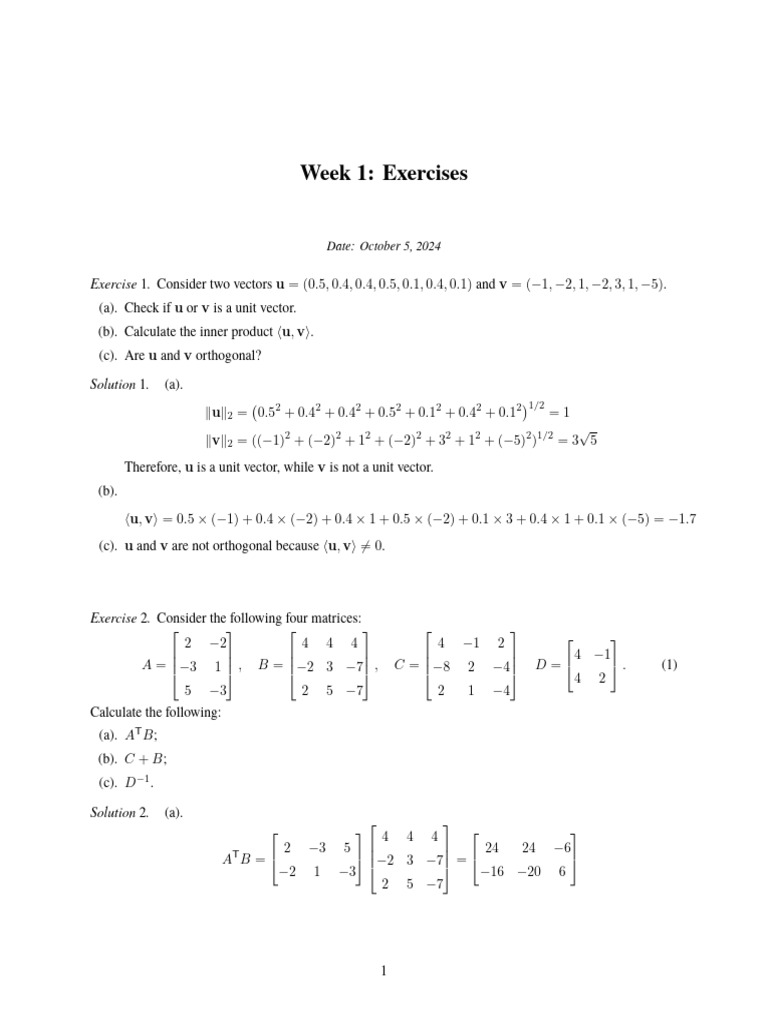 Week1 Exercise Solution | PDF | Linear Algebra | Mathematical Relations