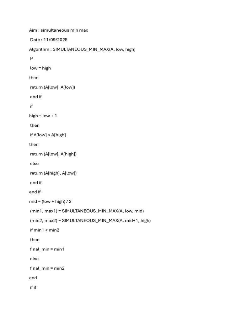 Simultaneous Min Max Algorithm Code | PDF