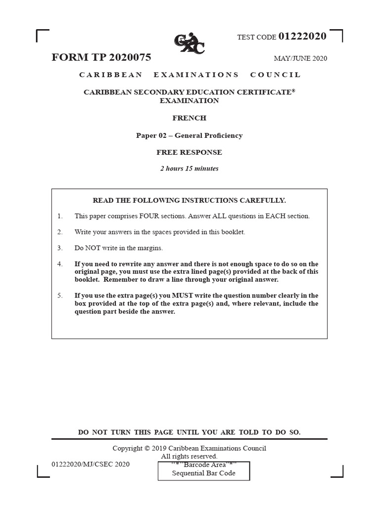 CSEC French Exam Paper 2020 | PDF