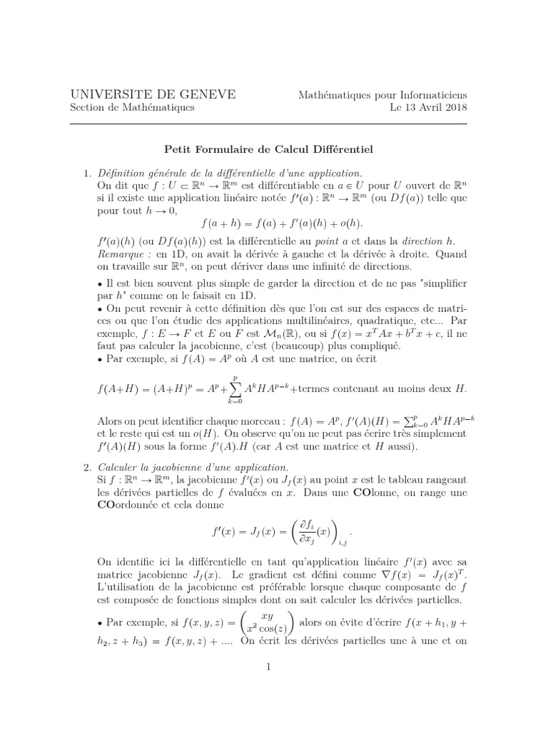 Formulaire de Calcul Différentiel | PDF | Matrice (Mathématiques) | Algèbre