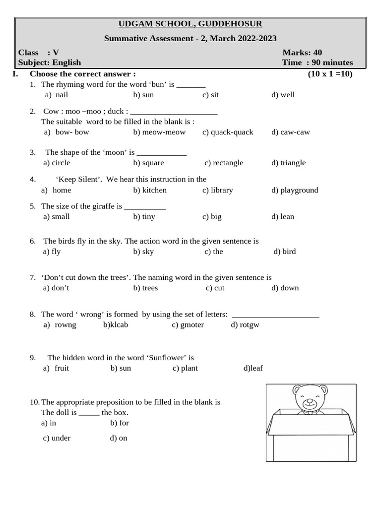 Class V English Assessment 2022-23 | PDF