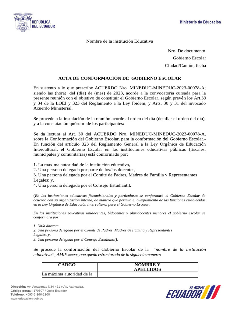 Acta de Conformación del Gobierno Escolar | PDF | Gobierno