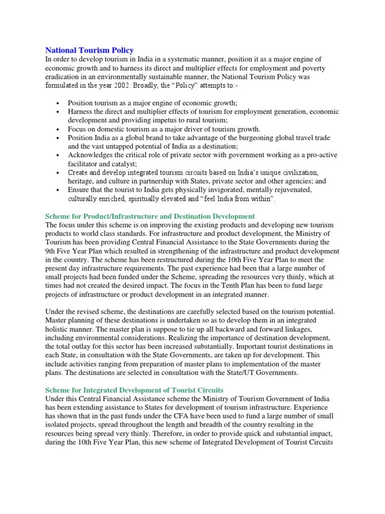 National Tourism Policy: Scheme For Product/Infrastructure and ...