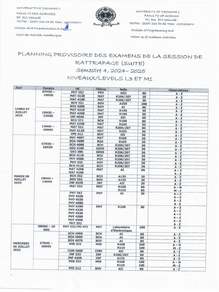 Planning Provisoire Des Examens de Rattrapage L3 Et M1 | PDF