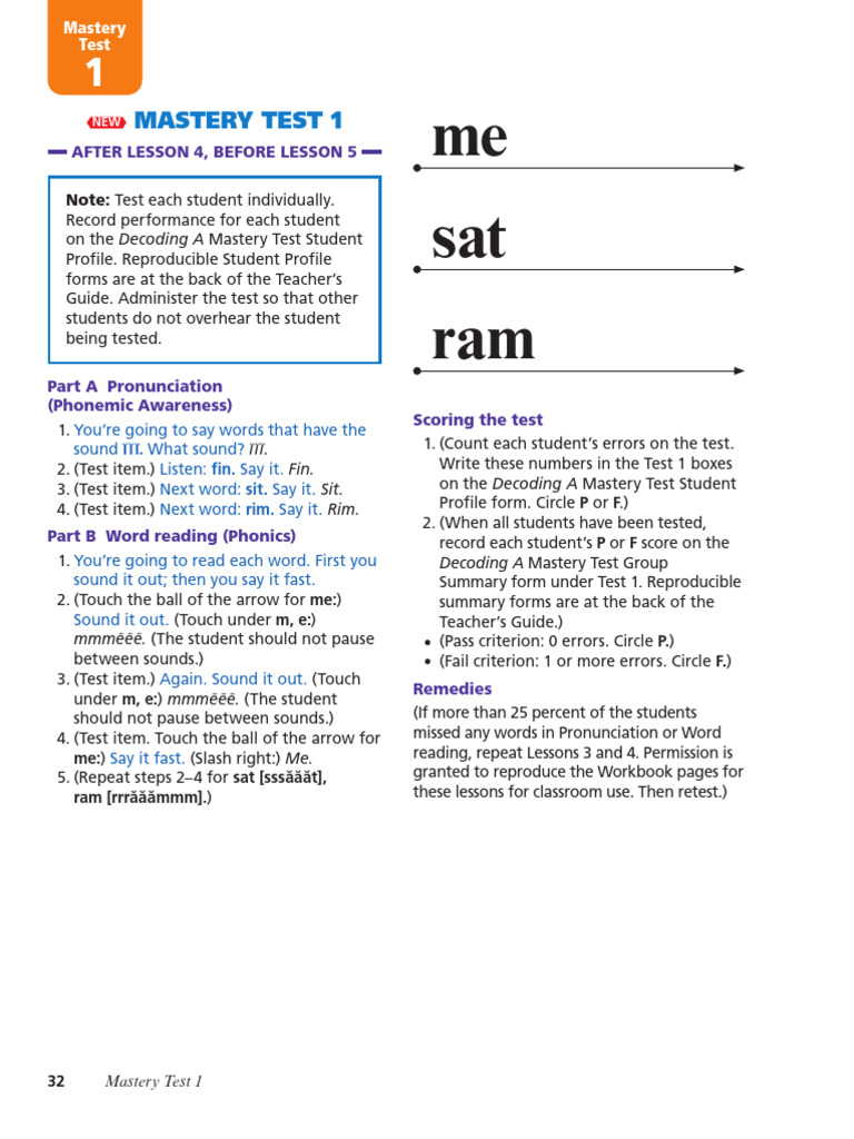 Mastery Test 1: Phonemic Awareness & Reading | PDF