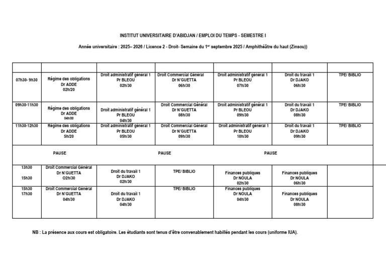 Emploi du temps Licence 2 Droit IUA 2025-2026 | PDF