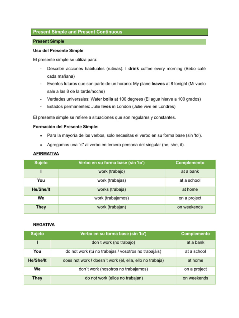 Gramática: Presente Simple y Continuo | PDF | Verbo | Semántica