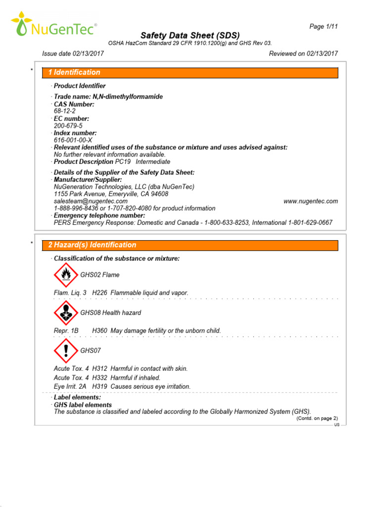 Dimethylformamide Safety Data Sheet | PDF | Dangerous Goods ...