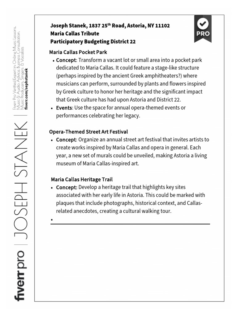 Proposals For A Maria Callas Tribute in Her Birthplace (Astoria, NYC) | PDF