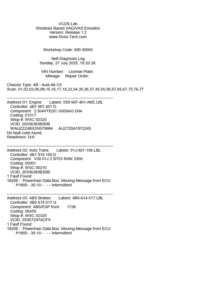 VCDS-Lite Diagnostic Report for Audi A6 | PDF