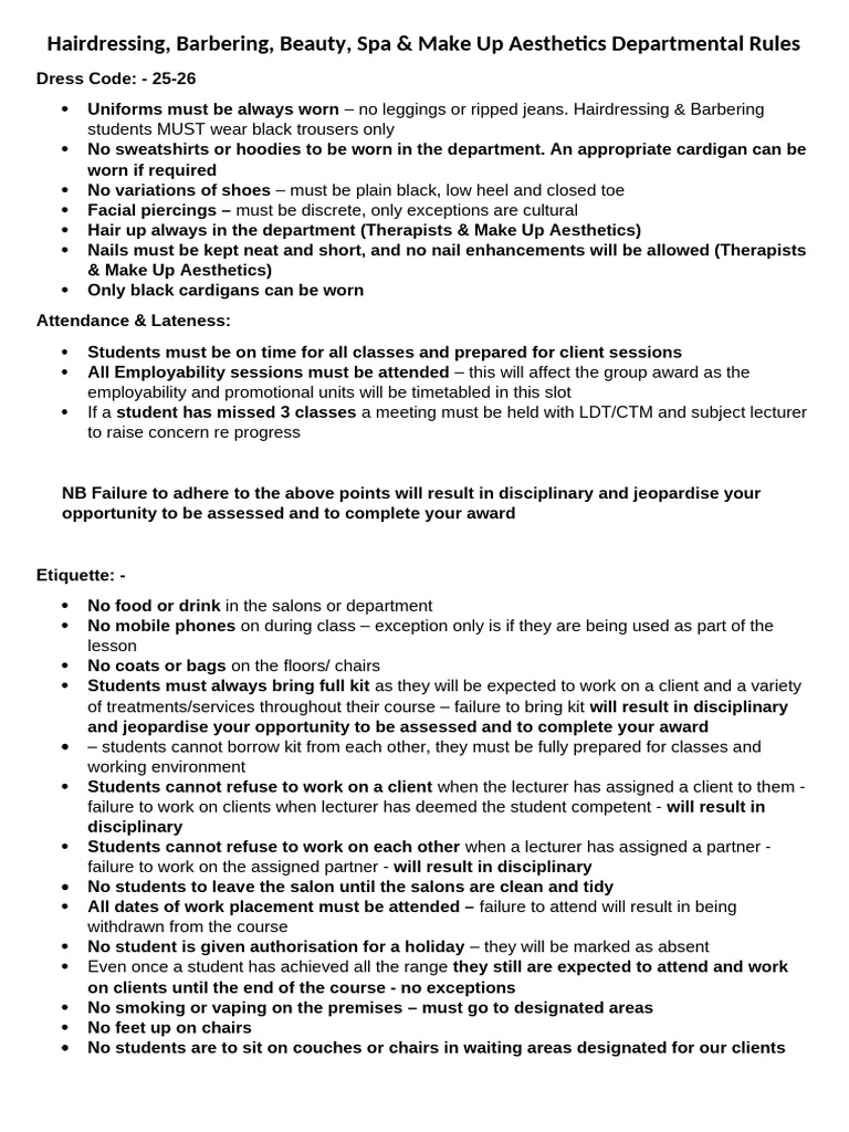 Hairdressing & Beauty Department Rules | PDF | Clothing | Fashion