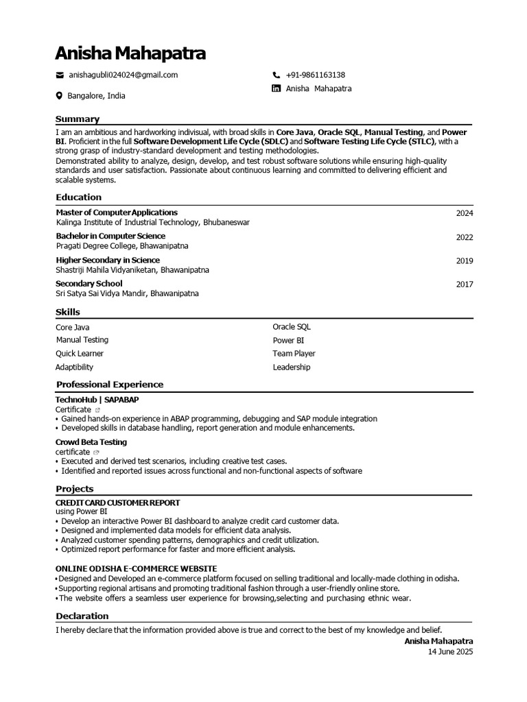 Anisha Mahapatra: Software Developer Profile | PDF | Software Testing ...
