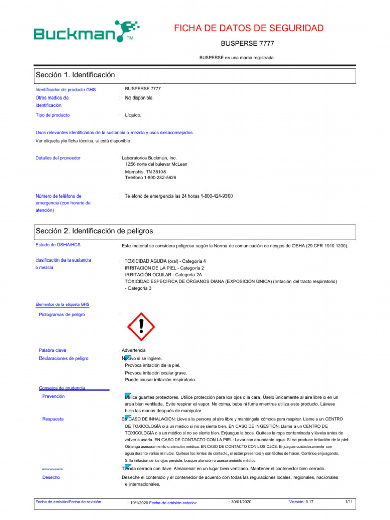 Seguridad en el uso de Busperse 7777 | PDF | Residuos | Ventilación ...