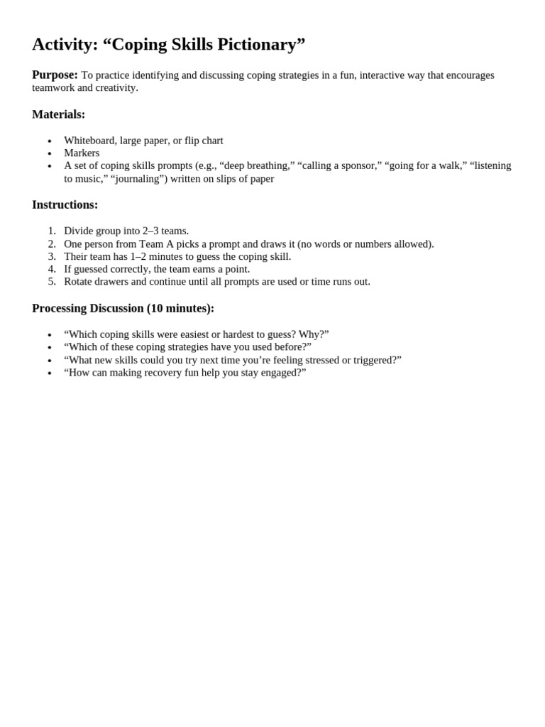 Coping Skills Pictionary Activity | PDF | Relaxation (Psychology ...