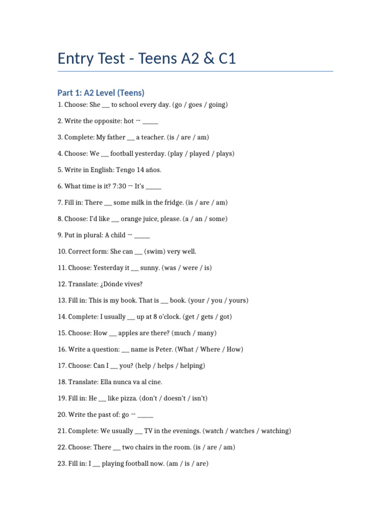A2 & C1 Entry Test for Teens | PDF | Linguistic Morphology | Linguistics
