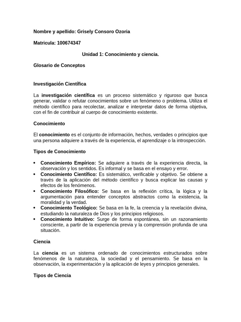Glosario de Conocimiento y Ciencia | PDF | Método científico | Conocimiento