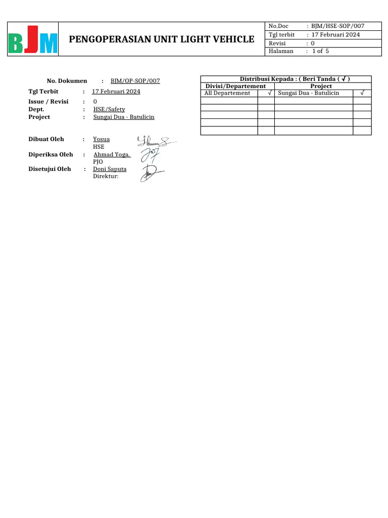 007 HSE-BJM-SOP Pengoperasian Unit LV | PDF