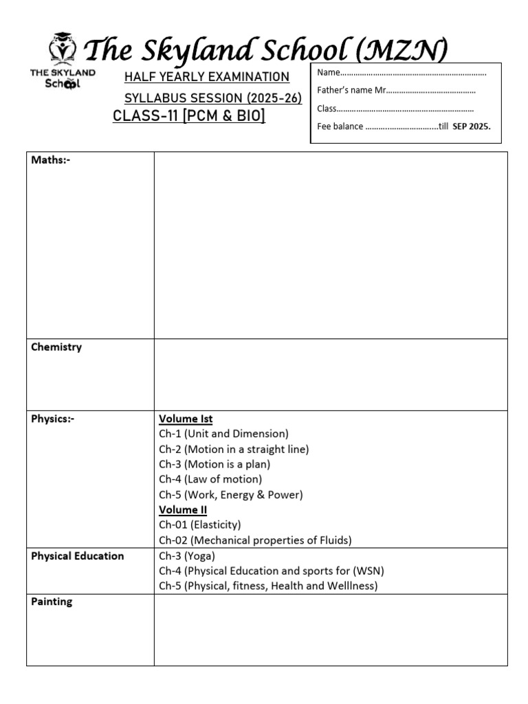 Class 11 Half Yearly Exam Syllabus 2025-26 | PDF | Equations | Chemistry