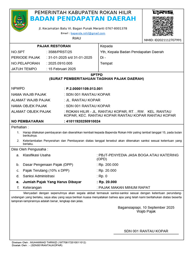 Cetak SPTPD Restoran 20250910005 | PDF