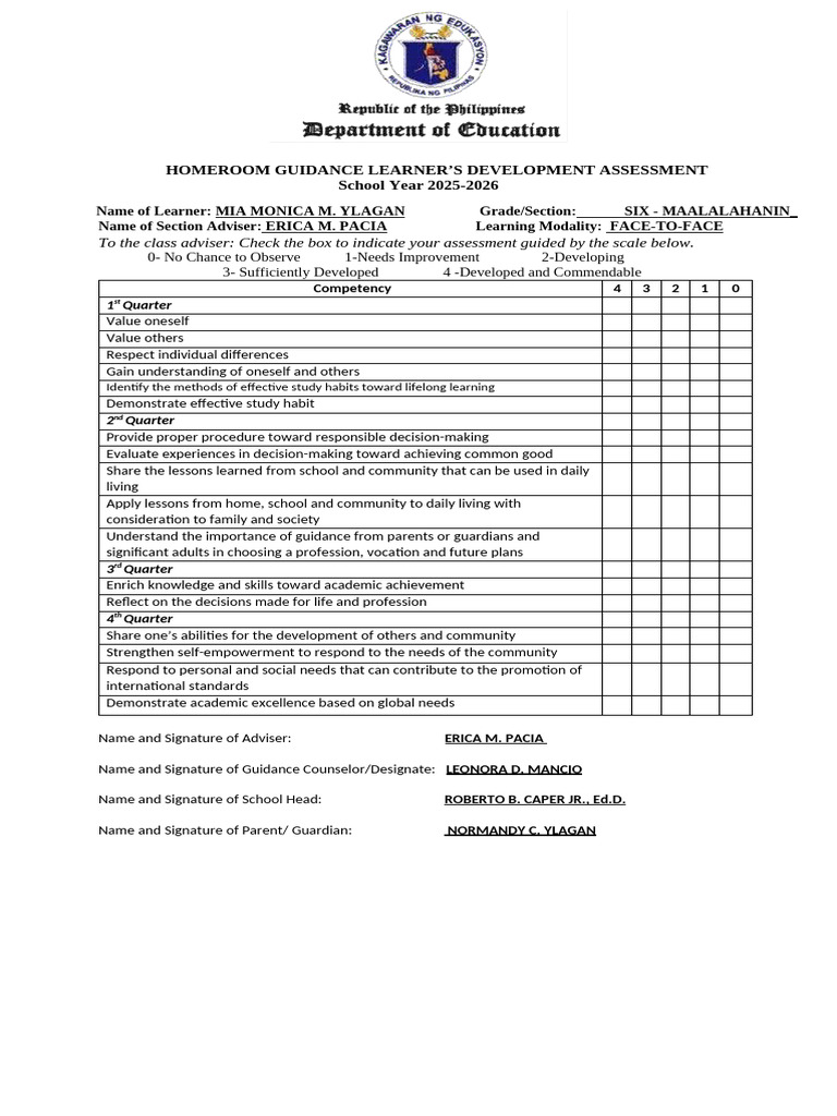 Homeroom Guidance Assessment 2025-2026 | PDF
