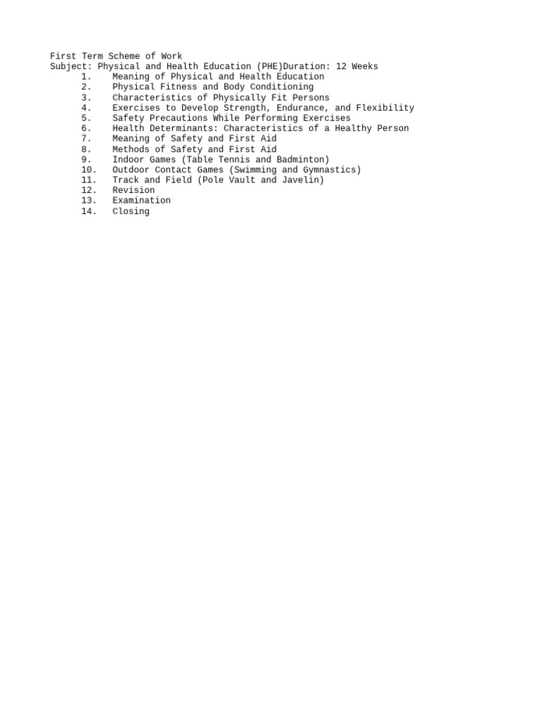 Junior Secondary 1 Phe First Term Scheme of Work. | PDF