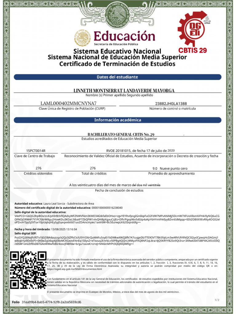 Certificado de Estudios Bachillerato 2025 | PDF | Autenticación ...