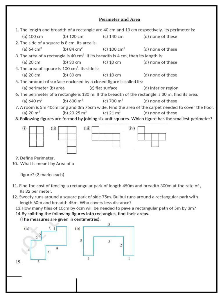 Area and Perimeter Class 6 | PDF