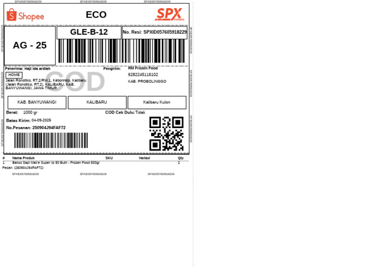 Frozen Food Order Details - SPXID057605918229 | PDF