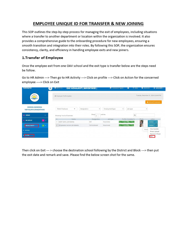 Employee Transfer and Onboarding SOP | PDF
