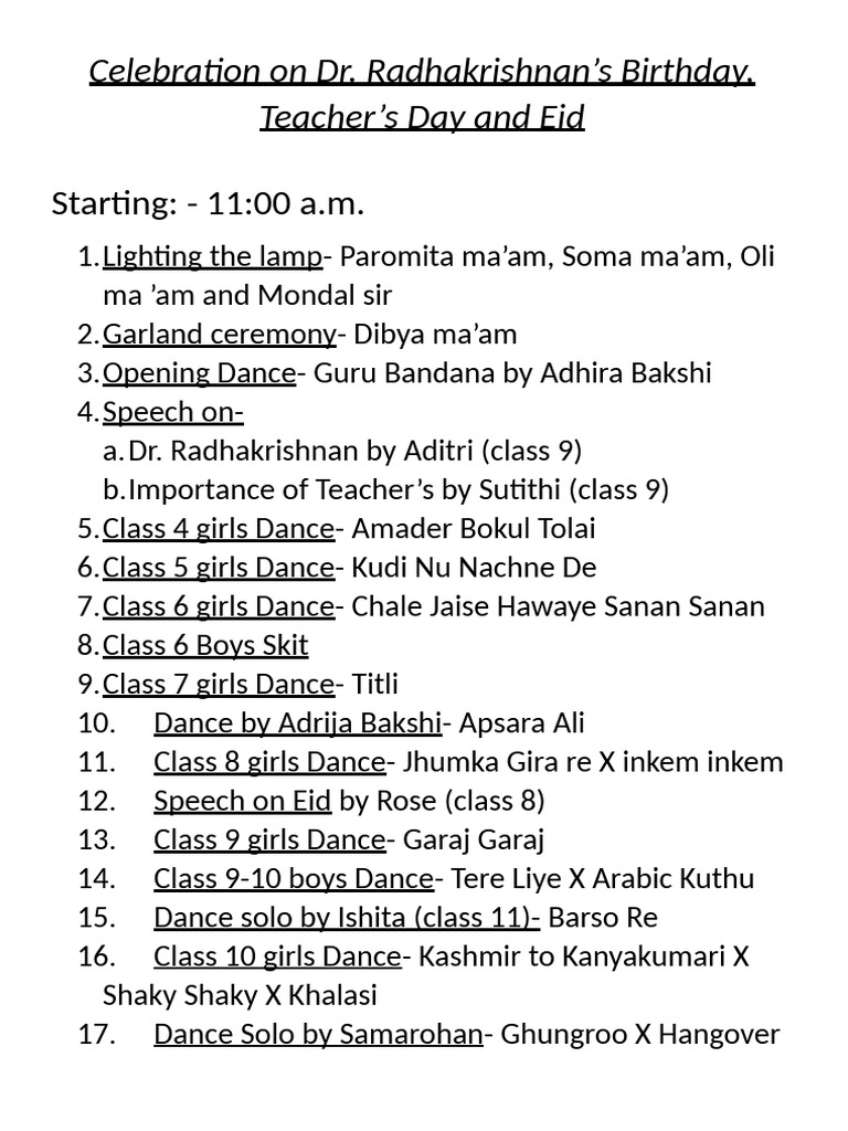 Dr. Radhakrishnan Birthday Celebration Events | PDF