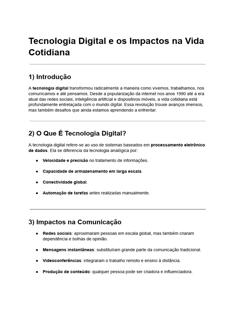 Impactos da Tecnologia Digital na Vida Cotidiana | PDF | Internet das ...