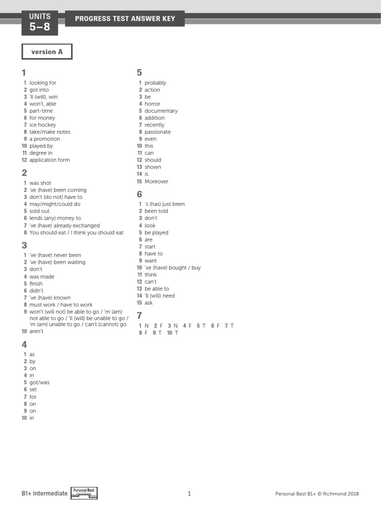 B1+ Intermediate Progress Test Answers | PDF