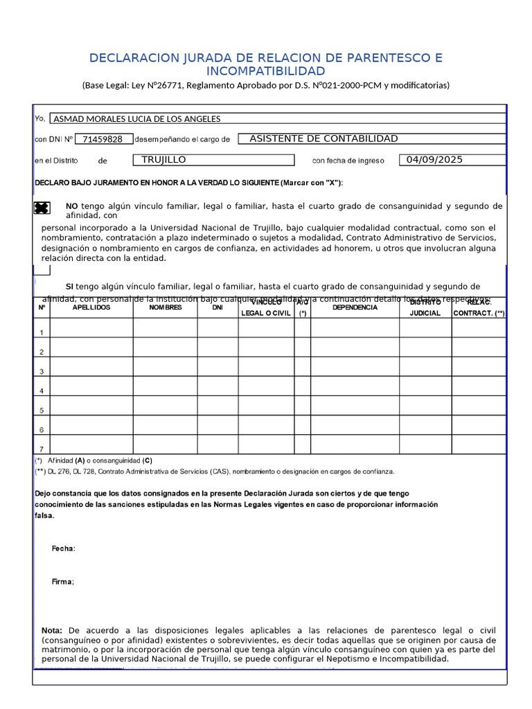 Declaración Jurada de Parentesco | PDF