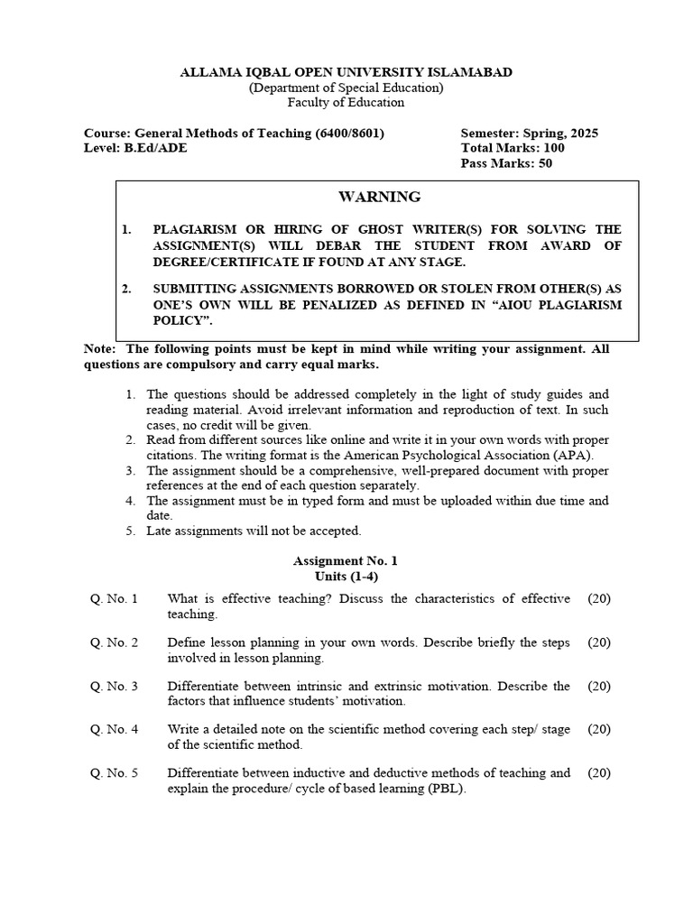 AIOU B.Ed General Teaching Methods Guide | PDF | Psychological Concepts ...